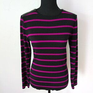 [SOLD]Ralph Lauren Zip Shoulder Ribbed Hot Pink Magenta Navy Striped Long Sleeve
